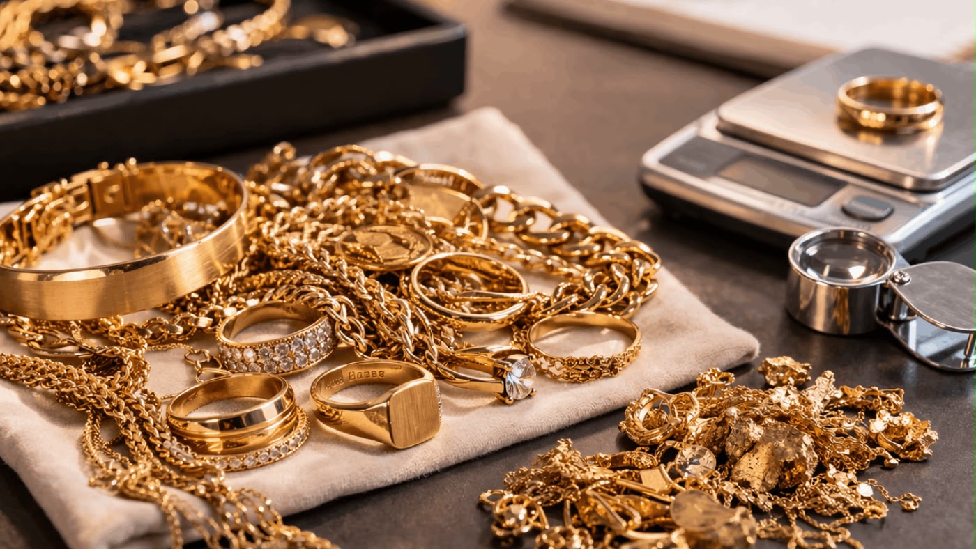 Goldschmuck und Altgold — Ringe, Ketten und Münzen auf dem Tisch